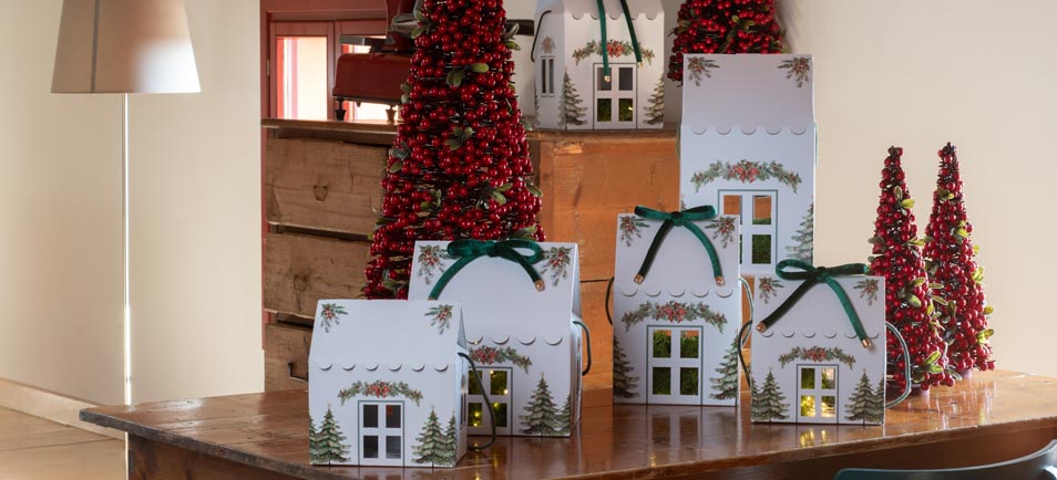 Panettone-Schachtel Weihnachtshäuschen Maison - Pini Verdi Bianco/Avana